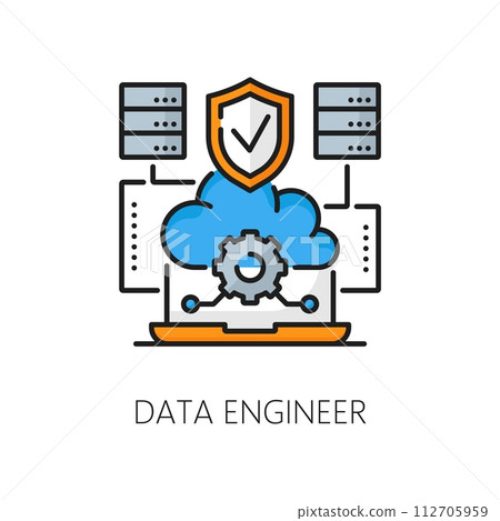Data engineer vacancy, IT specialist career, web development job outline icon. Web data programming job, network application development career outline vector icon with laptop computer, cloud storage 112705959