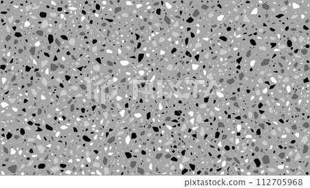 White, grey and black terrazzo marble stone floor texture or terazzo ceramic tile, vector pattern. Terrazo mosaic background of marble pieces or granite quartz abstract pattern for ceramic tile design 112705968