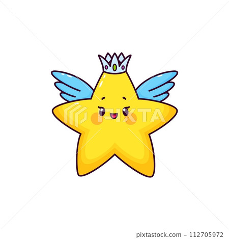 Cartoon happy kawaii star angel character with cute smiling face. Vector personage of little twinkle star with yellow shine, angel wings and silver crown. Childish superstar emoticon or space emoji 112705972