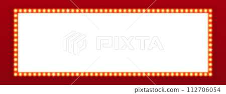 Light bulb marquee frame, circus board, retro broadway billboard, casino board, cinema movie theater signboard. Vector horizontal background inviting to immerse in the enchantment of live performances 112706054