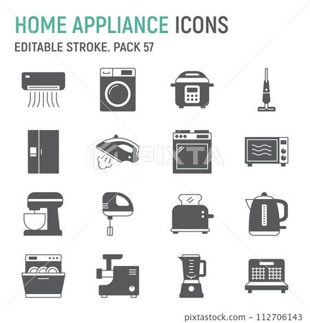 Home appliances glyph icon set, household collection, vector graphics, logo illustrations, house equipment vector icons, appliances signs, solid pictograms, editable stroke 112706143