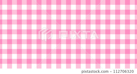 Pink and white checkered pattern. Cute gingham or vichy background. Tablecloth, napkin, picnic plaid, towel, baby girl blanket top view. Fabric flannel, linen or cotton print 112706320