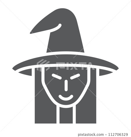 Witch glyph icon, witchcraft and halloween, witch face sign, vector graphics, a solid pattern on a white background. 112706329