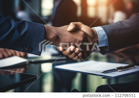 Close up handshake between executives sealing deals with mutual trust and partnership. Generative AI 112706551