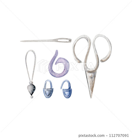 knitting accessories, stitch markers, needle, scissors, hand draw, watercolor illustration, instrument 112707091
