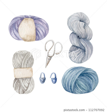 Set of knitting ball of yarn, scissors, stitch markers, watercolor illustration, hand draw 112707092