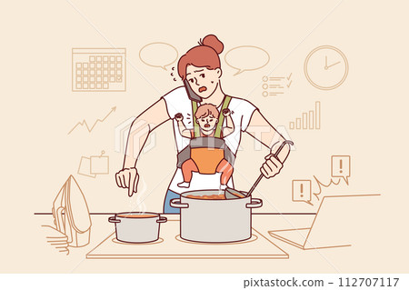 Mother takes care of baby and works around house at same time, stands with phone near kitchen stove 112707117