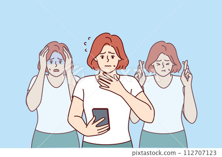 Worried woman reads message on mobile phone about foreclosure on house and feels panic Worried woman reads message on mobile phone about foreclosure on house and feels panic 112707123
