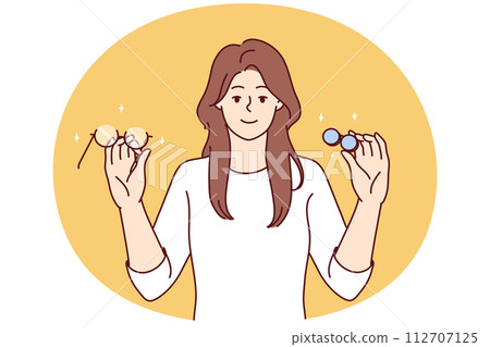 Woman holds glasses and lenses in hands choosing product for eye and vision care. Vector image Woman holds glasses and lenses in hands choosing product for eye and vision care. Vector image 112707125