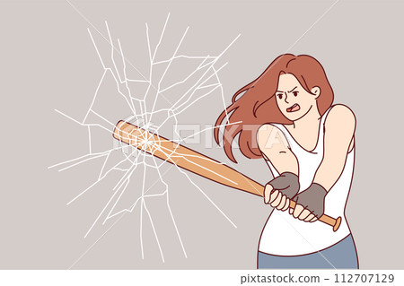 Aggressive woman breaks glass with baseball bat to break into store and commit robbery 112707129