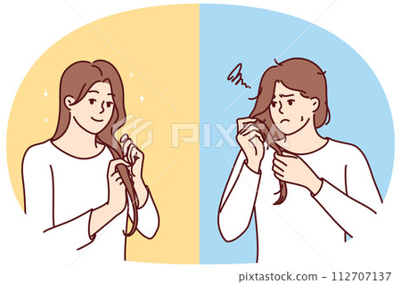 Unhappy woman examines problematic hair and smiling girl is pleased with own hairstyle. Vector image Unhappy woman examines problematic hair and smiling girl is pleased with own hairstyle. Vector image 112707137