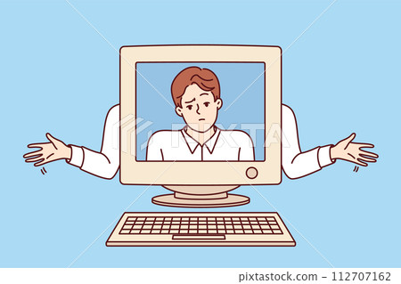 Old computer with disappointed man on screen, as metaphor outdated technologies.  112707162