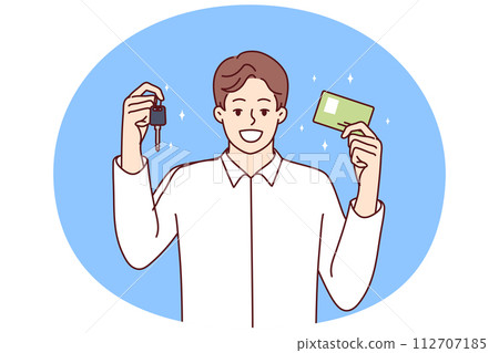 Happy man in white shirt demonstrates drivers license and keys to new car. Vector image 112707185