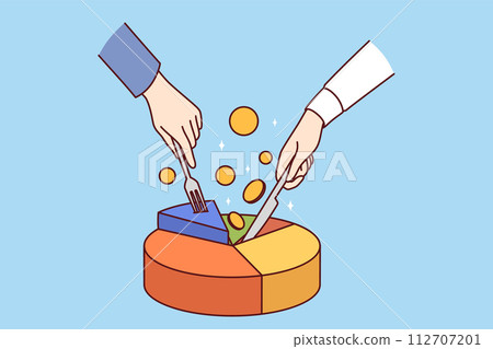 Statistical chart and hands partners dividing financial pie, trying to extract income from business 112707201