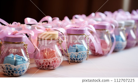 Sweet scented soap in cute glass bottle wedding favor, AI Generated 112707225