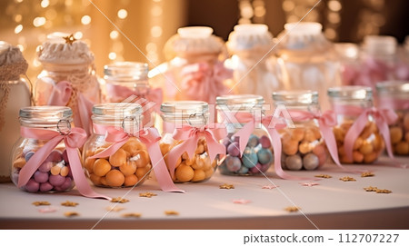 Charming wedding soaps in cute glass bottles as favors, AI Generated 112707227