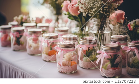 Sweet-scented dried flowers in lovely glass bottles as favors, AI Generated Sweet-scented dried flowers in lovely glass bottles as favors, AI Generated 112707228