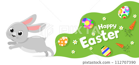 Easter bunny runs and with flying eggs and carrots on a white background. Happy Easter Easter bunny runs and with flying eggs and carrots on a white background. Happy Easter 112707390