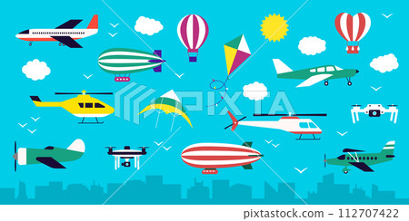 Air plane. Transport in cloud sky. Airplane flight. Helicopter and balloon. Unmanned aerial drone. Vehicle for hot summer travel. Sun wing activity. Urban cloudscape. Vector flat design Air plane. Transport in cloud sky. Airplane flight. Helicopter and balloon. Unmanned aerial drone. Vehicle for hot summer travel. Sun wing activity. Urban cloudscape. Vector flat design 112707422