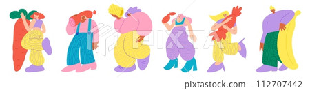 People eat food. Color persons carry big meal products. Fresh fruit and snacks. Woman holding huge carrot. Cheese and sausage. Man with chocolate candy. Vector healthy characters set 112707442