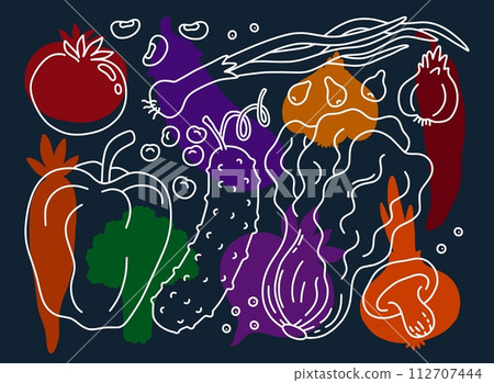 Healthy food. Organic vegetables. Scandinavian geometric line art. Modern nature. Vegetarian shapes. Tomato and eggplant. Silhouette onion. Vegan products. Vector abstract kitchen banner Healthy food. Organic vegetables. Scandinavian geometric line art. Modern nature. Vegetarian shapes. Tomato and eggplant. Silhouette onion. Vegan products. Vector abstract kitchen banner 112707444