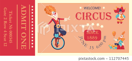 circus ticket template. Clowns and cartoon jokers and jesters comedians with funny faces. Artists performance invitation. Cute jugglers entertaining party flyer. Vector illustration circus ticket template. Clowns and cartoon jokers and jesters comedians with funny faces. Artists performance invitation. Cute jugglers entertaining party flyer. Vector illustration 112707445