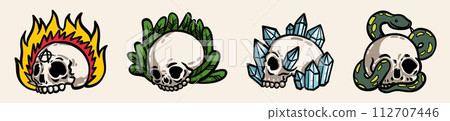 Skull faces. Skeleton flower spooky doodle drawing, art print or logo of vintage head sticker, tattoo silhouette. Fire, plant and snake background. Vector cartoon flat isolated illustration set Skull faces. Skeleton flower spooky doodle drawing, art print or logo of vintage head sticker, tattoo silhouette. Fire, plant and snake background. Vector cartoon flat isolated illustration set 112707446