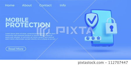 Phone secure. 3d mobile safe, cyber shield with lock padlock, safety for password or internet information. Banner template. User login and password. Registration online. Vector illustration icon Phone secure. 3d mobile safe, cyber shield with lock padlock, safety for password or internet information. Banner template. User login and password. Registration online. Vector illustration icon 112707447