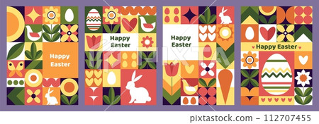 Easter greeting cards. Spring holiday. Rabbit and egg geometric icons. Bunny with carrot. Springtime flowers. Animals and plants. Square collage. Mosaic patterns. Vector happy posters set 112707455