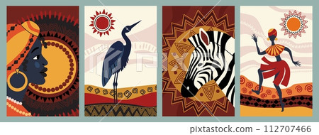 African art. Tribal Kenya wall. Africa Zulu or Tanzania culture. Ethnic mask. Afro portrait painting. Traditional ornament. Safari animal. Indigenous dance. Vector abstract patterns set 112707466