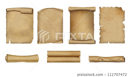 Old parchment. Paper scroll. Ancient papyrus. Page of vintage book or letter. Rolled age texture. Medieval manuscript. Historical contract. Fairytale document. Vector antique curled set 112707472