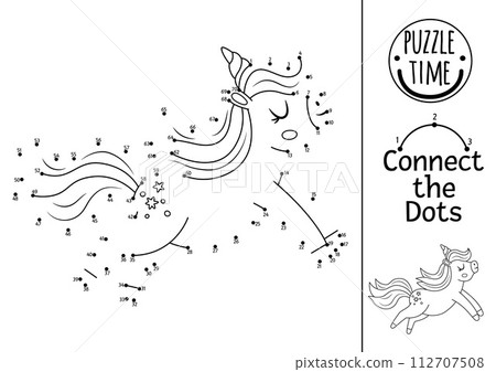 Vector dot-to-dot and color activity with running unicorn. Fairytale connect the dots game for children with cute fantasy animal. Magic world coloring page for kids. Printable worksheet Vector dot-to-dot and color activity with running unicorn. Fairytale connect the dots game for children with cute fantasy animal. Magic world coloring page for kids. Printable worksheet 112707508