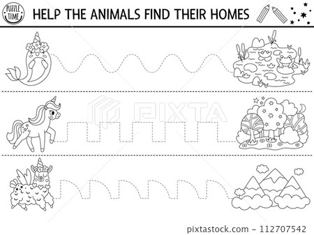 Vector handwriting practice worksheet with unicorn, llama, narval and their homes. Fantasy printable black and white activity for kids. Tracing game for writing skills. Magic world coloring page 112707542