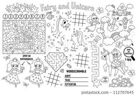 Vector unicorn placemat for kids. Fairytale printable activity mat with maze, tic tac toe chart, connect the dots, find difference. Black and white play mat, coloring page with fairy, rainbow, Vector unicorn placemat for kids. Fairytale printable activity mat with maze, tic tac toe chart, connect the dots, find difference. Black and white play mat, coloring page with fairy, rainbow, 112707645