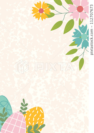 Banner template for Easter holiday. Greeting card, poster or banner with flowers and easter eggs in pastel colors with texture on background. Flat vector illustration. 112707673