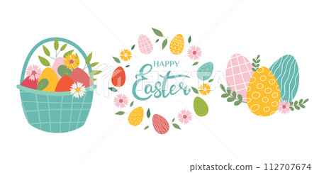 Collection of Easter elements - basket with eggs, wreath, Easter eggs. Flat vector Illustration in pastel colors isolated on white background for for poster, icon, card, logo, label. 112707674