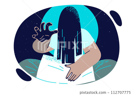 Nightmare with woman from horror films with face hidden behind hair in darkness. Nightmare with woman from horror films with face hidden behind hair in darkness. 112707775
