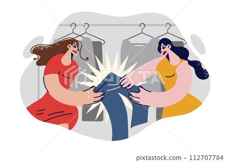 Women fight over new trousers in fashion boutique, wanting to grab latest piece of clothing 112707784