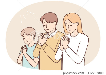 Religious family with child praying Religious family with child praying 112707800