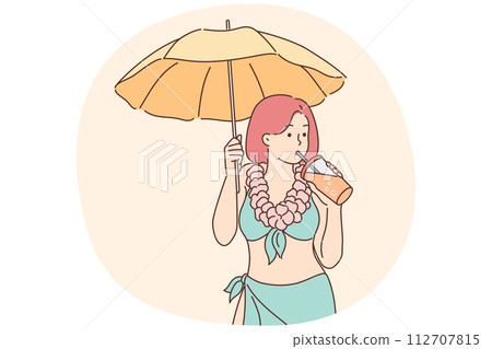 Woman in bikini enjoy cocktail on beach Woman in bikini enjoy cocktail on beach 112707815