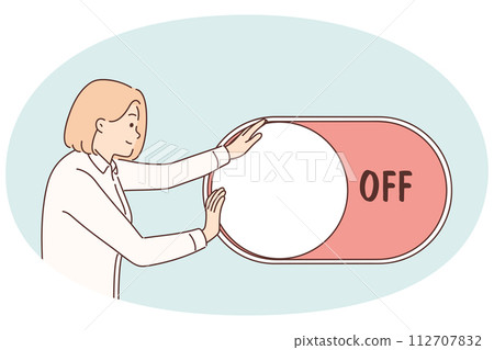 Motivated woman turn off and on button Motivated woman turn off and on button 112707832