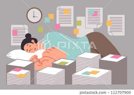 Woman sleeps in office among documents due to overwork caused by abundance paperwork and deadlines 112707900