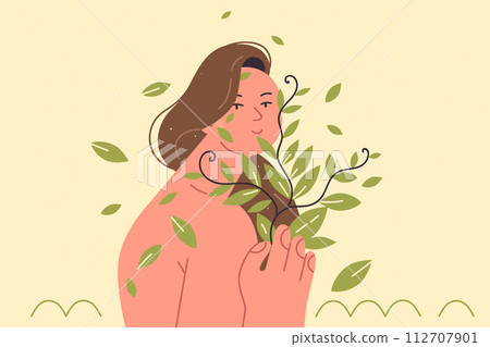 Woman calls for use organic cosmetics and creams made from plants, posing with bare shoulders 112707901