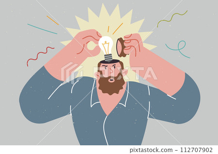 Man finds new idea thanks to brainstorming about solve problem, standing with light bulb inside head 112707902