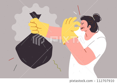 Stinking bag of garbage in hands of woman disgusted by unpleasant smell of missing organic waste 112707910