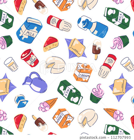 Milk dairy product cartoon seamless pattern. Wallpaper design with ice cream, cupcake, cheese, butter. Vector illustration on a white background. Milk dairy product cartoon seamless pattern. Wallpaper design with ice cream, cupcake, cheese, butter. Vector illustration on a white background. 112707993
