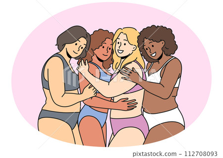 Smiling body positive women in underwear hug Smiling body positive women in underwear hug 112708093