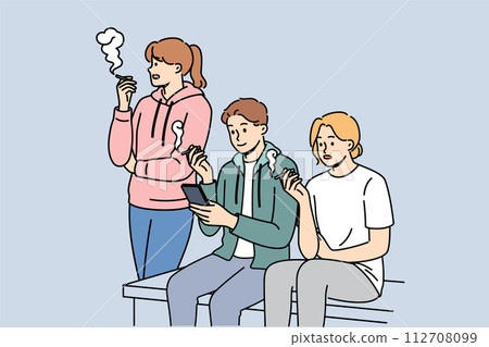 Tobacco addiction in people sitting on street and smoking cigarettes during break from work 112708099