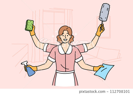 Woman maid is ready to clean apartment, working in multitasking mode thanks to presence four hands Woman maid is ready to clean apartment, working in multitasking mode thanks to presence four hands 112708101