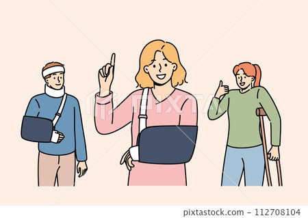 Injured people received treatment at clinic show approving gestures confirming quality of healthcare Injured people received treatment at clinic show approving gestures confirming quality of healthcare 112708104